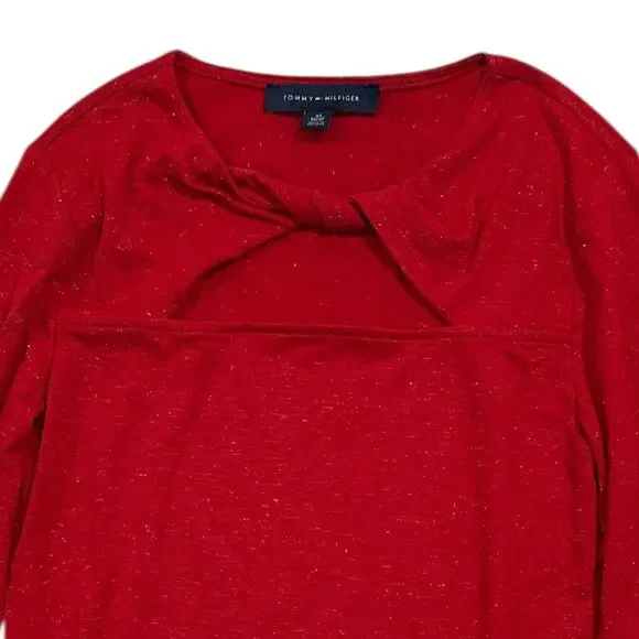Tommy Hilfiger Red Lurex Twist Neck Top Women’s XS Long Sleeve Cutout NWT - Picture 2 of 10